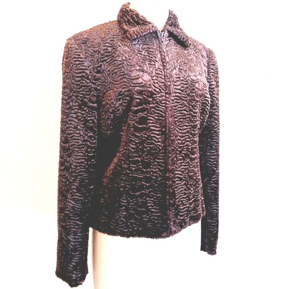 Vintage earthy brown sculpted velvet zip-up jacket. Size 10. Mercedes New York.